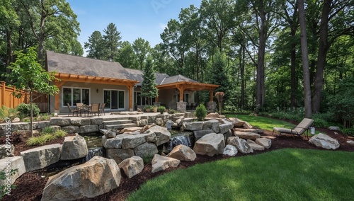 Beautiful Backyard With a Garden and a Large Stone Fountain Near a House in a...