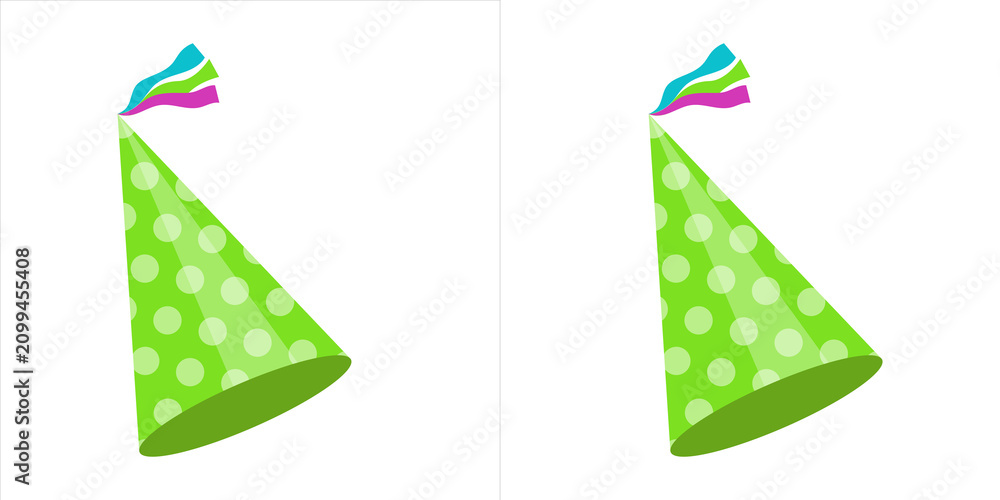 Fototapeta premium Green party hat with polka dots and colorful ribbons on top, festive accessory for birthday celebrations and parties, vector illustration isolated on transparent background