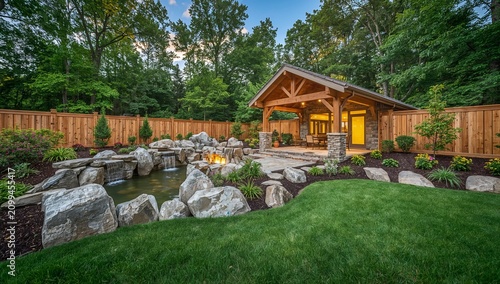 Outdoor Garden With Stone Features and Wooden Structure in Evening Light
