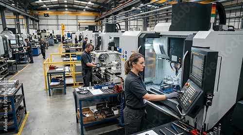 Dedicated factory workers operating advanced CNC machines in a modern, well-equipped industrial manufacturing facility, highlighting precision engineering, industrial productivity, and skilled craftsm