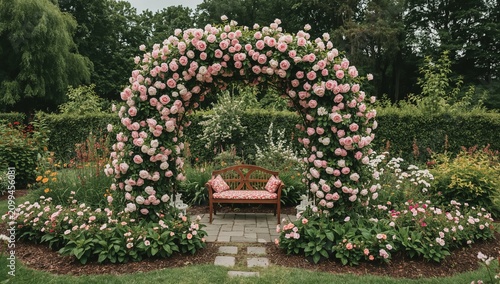 Pink Roses Form an Archway Above a Bench in a Garden During Daylight