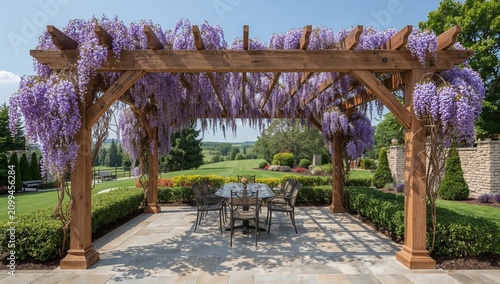 Wisteria Blooms Hang Over a Stone Patio in a Scenic Garden During Daytime