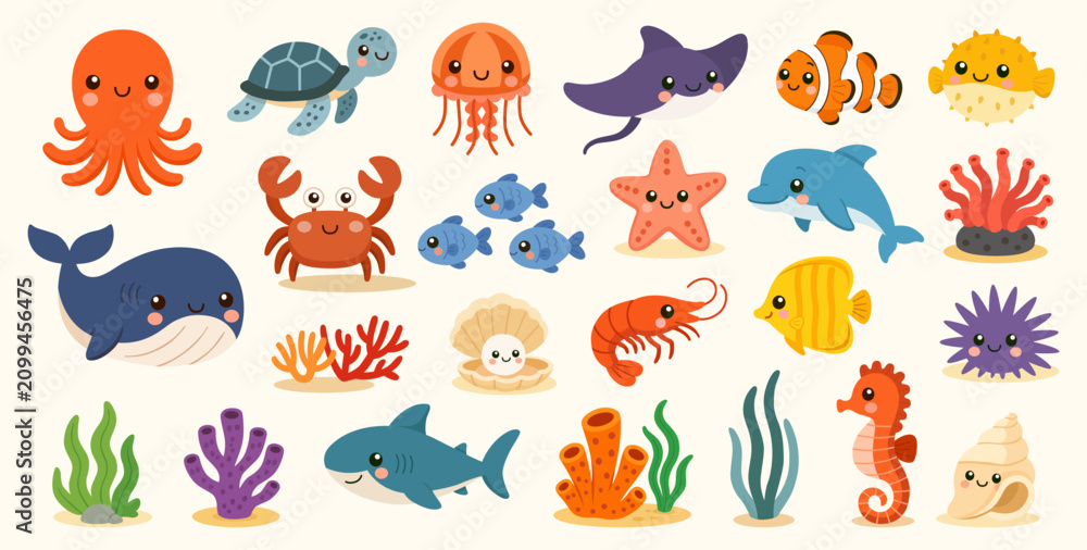 Fototapeta premium Cute Sea Creatures Collection in Kawaii Style. Colorful cartoon ocean animals and marine life vector set.