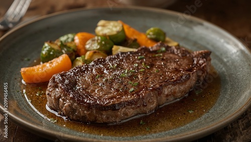 Delicious Steak Served With Vegetables on a Plate at Dinner Time in a Cozy Re...