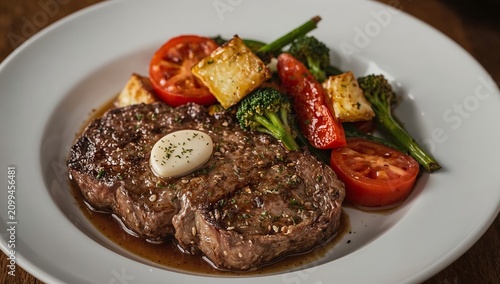 Delicious Steak Served With Vegetables on a Plate at Dinner Time in a Cozy Re...