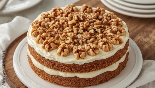 Cake With Nuts and Cream on a White Plate Served With Plates in the Background