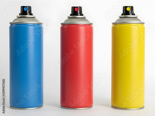 Three colorful spray paint cans in blue red and yellow isolated on white background