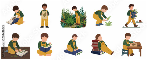 Canvastavla Set of Illustrations of a Little Boy Exploring Botany, Reading Books, and Collec