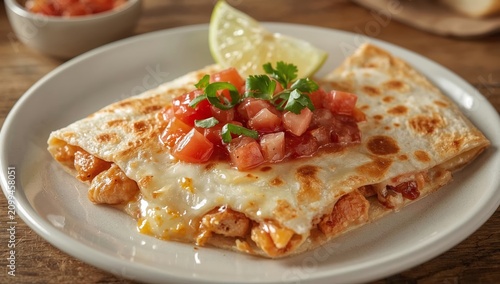 Delicious Meal With Cheese, Chicken, and Fresh Toppings on a Plate in a Resta...