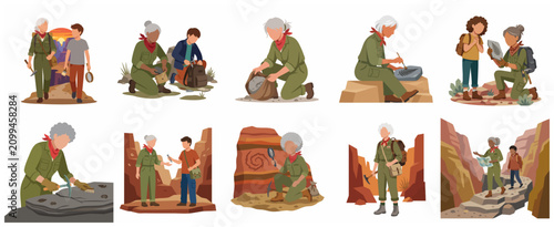 Foto Set of female paleontologist and boy exploring fossils and hiking in nature flat