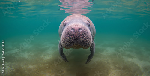 Large aquatic mammal swimming underwater. Manatee exploring ocean depths.
