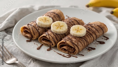 Three Rolled Pancakes With Chocolate and Banana on a White Plate