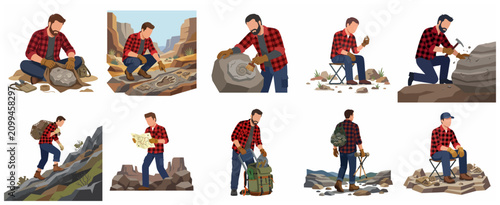 Quadro su tela Flat vector illustration set of a male paleontologist or explorer excavating fos