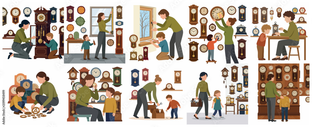 Obraz premium Mother and son repairing and cleaning antique clocks together, family hobby and learning concept illustration