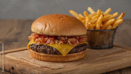 Juicy Burger With Cheese and Caramelized Onions Served With Fries on a Wooden...