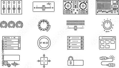 Bild auf Leinwand Detailed dj controller and studio equipment icons for sound mixing and hardware connection