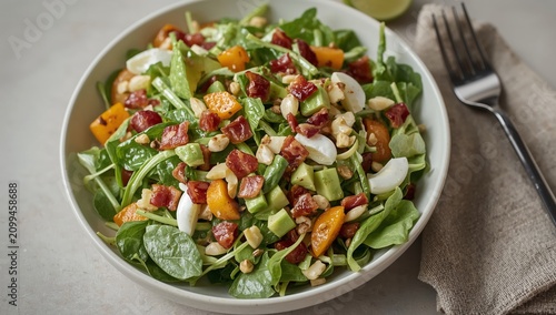Fresh Salad With Spinach, Corn, Bacon, and Sweet Peppers Served in a Bowl Wit...