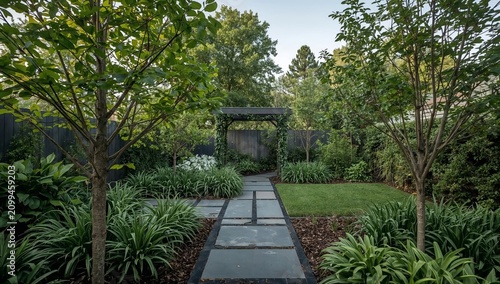 Pathway Leads Through Garden With Plants and Trees in a Residential Area Duri...