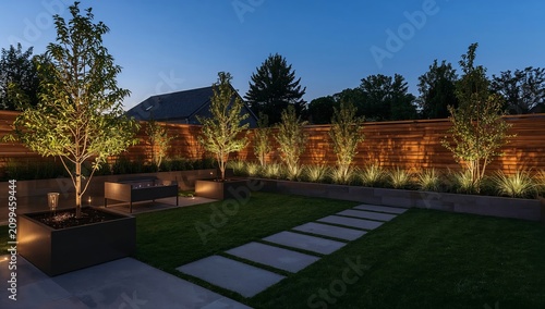 Warm Lights Illuminate Trees and Grass in a Garden at Night for Inviting Outd...