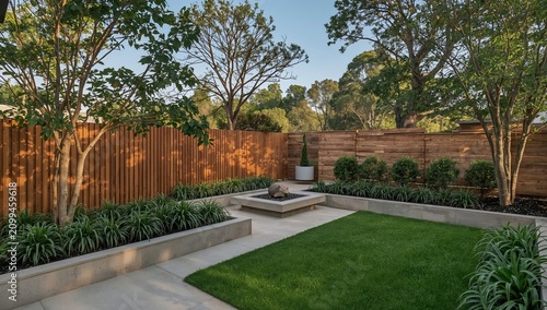 Green Garden Area With Plants and a Wooden Fence on a Sunny Day in a Resident...