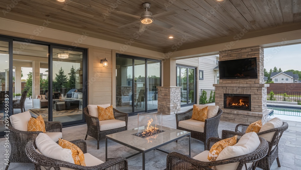 Obraz premium Cozy Outdoor Living Area With Seating and a Fire Pit Near a Swimming Pool in the Evening