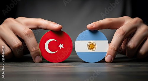 Turkey and Argentina Flags Connection: Hands hold two circular badges displaying the flags of Turkey and Argentina, symbolizing international relations, diplomacy, and connection.
