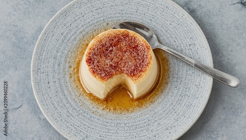 Rich Dessert Served in a White Bowl With Caramel Sauce on a Gray Table