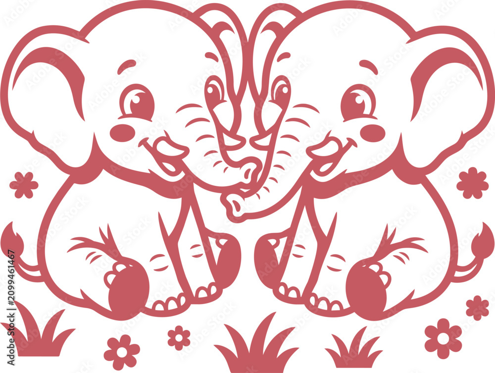 Naklejka premium Two cartoon elephants sitting together surrounded by small flowers.