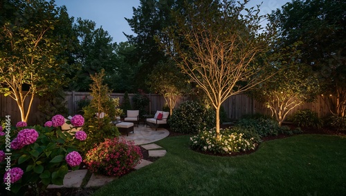 Garden Space With Lights at Dusk Showing Plants and Seating Area in a Backyard