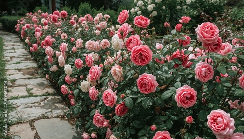Roses Bloom Along a Stone Path in a Garden During Late Spring
