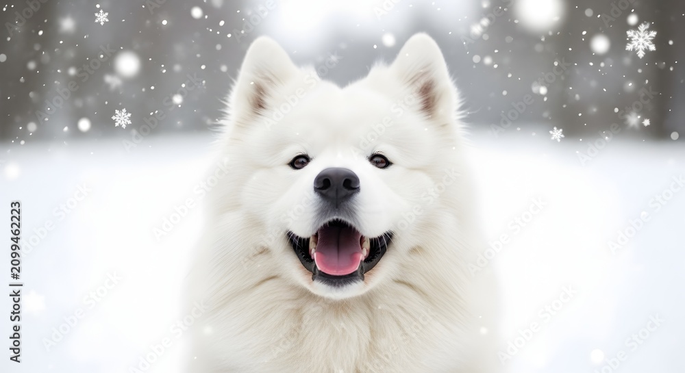 Fototapeta premium Samoyed dog portrait with open mouth winter scene and falling snowflakes