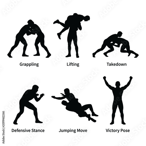 Photos Silhouette of wrestlers demonstrating grappling lifting takedown defensive stance jumping move victory pose