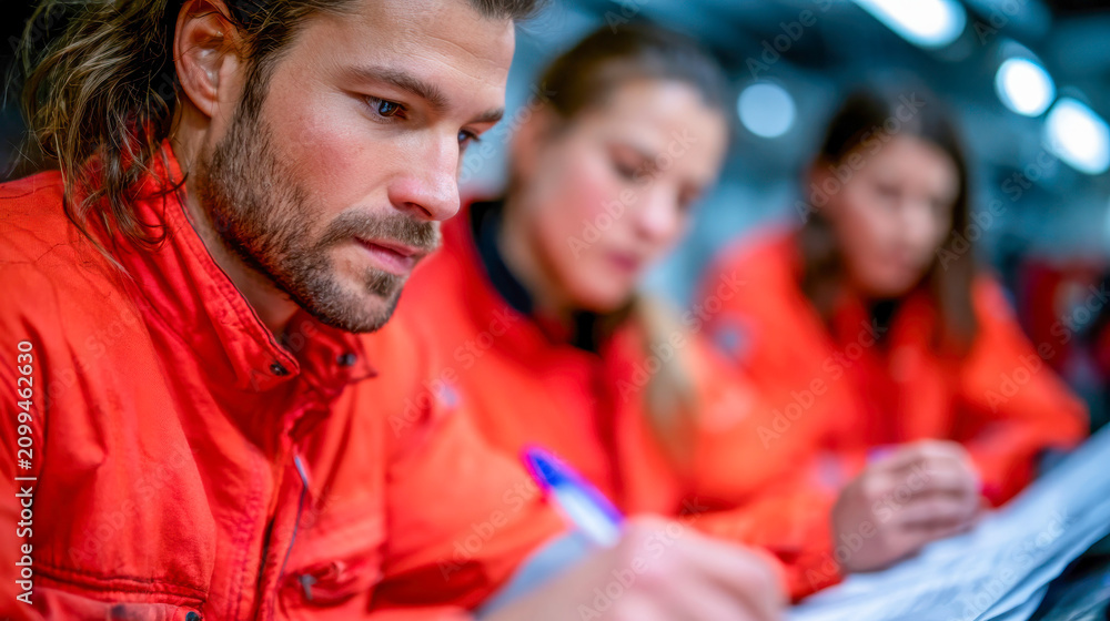 Fototapeta premium Emergency rescue team reviewing documents, focused on safety planning, reporting and professional response