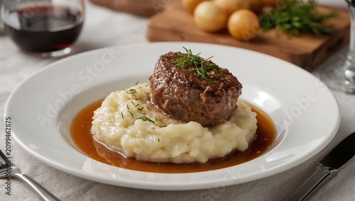 Delicious Meatloaf Served With Mashed Potatoes and Gravy on a White Plate