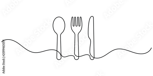 Fork knife spoon continuous one line art featuring minimalist cutlery created with a single flowing black outline. Showing a clean, simple outline composition as a vector illustration.