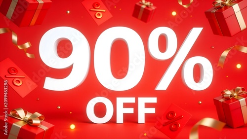 90 percent discount sign with gift boxes. Big sale promotion banner on red background.