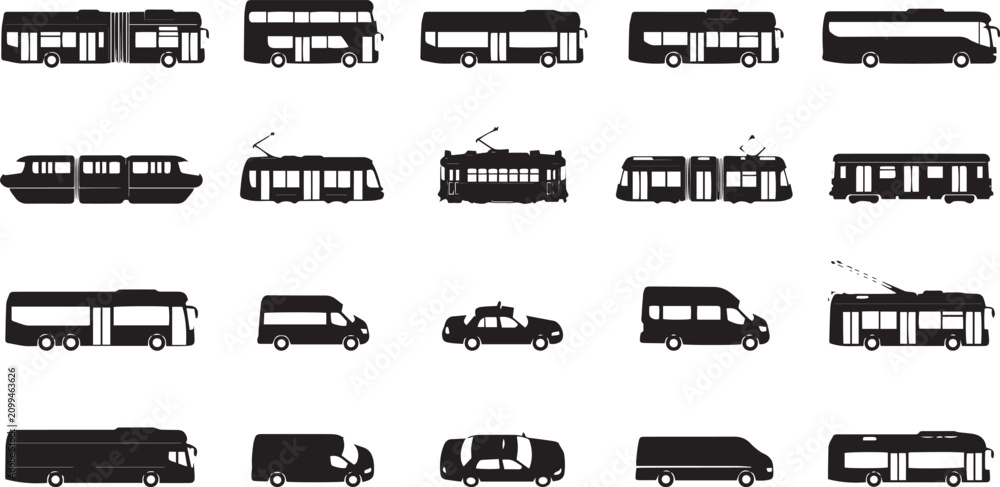 Obraz premium Set of black silhouette featuring various public transportation vehicles, including buses, trams, streetcars, vans, and taxis