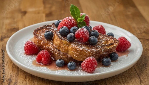 Delicious Breakfast Featuring French Toast Topped With Berries on a Wooden Table