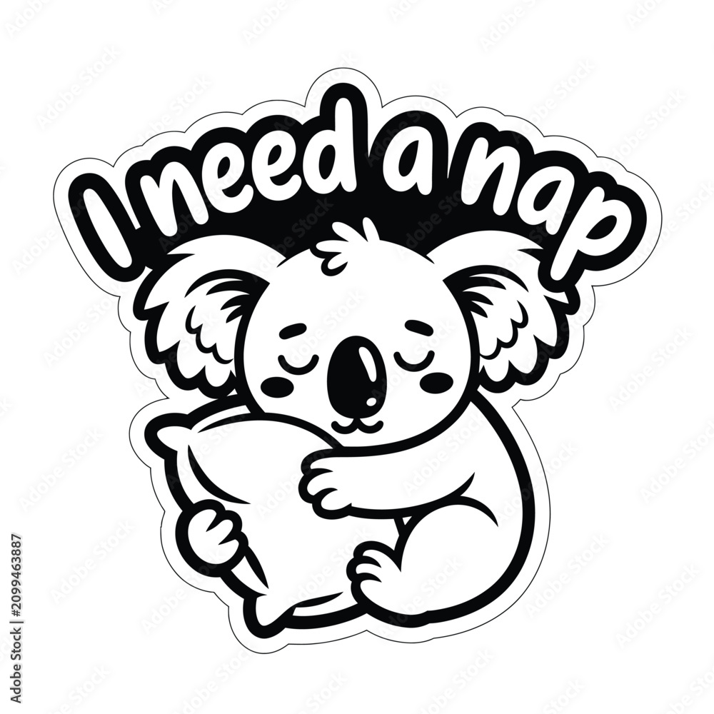 Obraz premium Cute cartoon koala sleeping with a pillow and the text i need a nap in black and white
