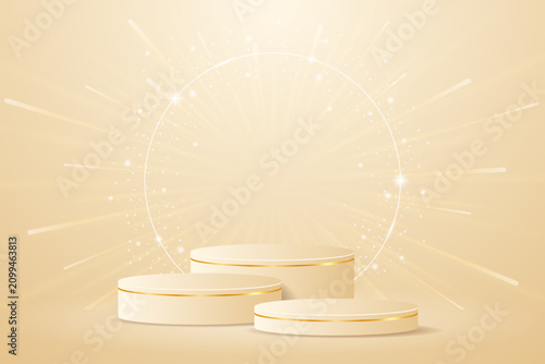 Cream podium with elegant gold lines for the best awards or product display. stage or podium