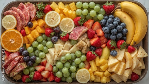 Colorful Fruit Platter With Various Types of Fruits Arranged on Wooden Tray f...