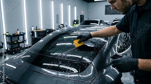 Worker applying window tint film to a car in a garage