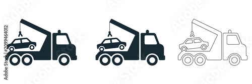 Roadside Assistance And Tow Truck Vector Icon Collection With Car Towing, Vehicle Recovery, Breakdown Service, Emergency Transport, Flatbed Carrier, Winch, And Auto Rescue Symbols, Modern Minimal Desi