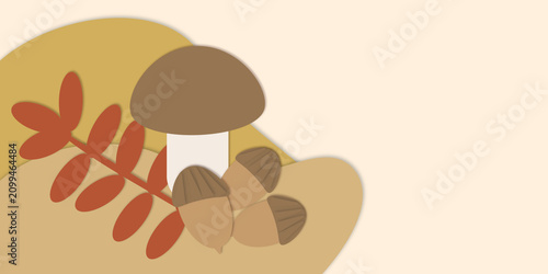 Konstfotografi Paper cut background with a brown mushroom, three acorns, orange leaf branch, wavy ocher layers, and soft shadows on beige backdrop