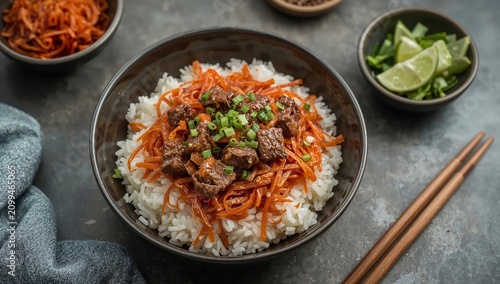 Plate of Rice Topped With Beef and Sauce on Wooden Table With Side Dishes