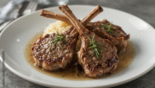 Delicious Lamb Chops Served With Flavorful Sauce and Side of Rice on a White ...