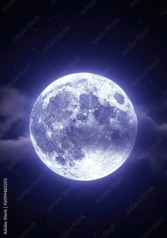 Naklejka premium A bright full moon shines brilliantly in the dark velvet night sky, casting a silver glow over soft clouds and distant twinkling stars, dark, bright, shine