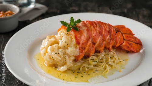 Lobster Tail Served on a White Plate With Butter Sauce in a Restaurant Setting