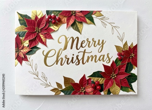 Merry Christmas card with gold foil and poinsettia flowers, elegant floral holiday greeting