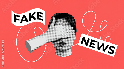 Foto A conceptual collage illustration featuring a person covering their eyes with the text Fake News, representing media misinformation, deception, and ignorance